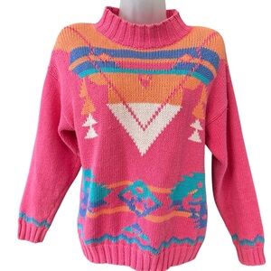 Vintage 80s Nuovo Southwestern Navajo-Inspired Tribal Knit Sweater Pink Small ✅